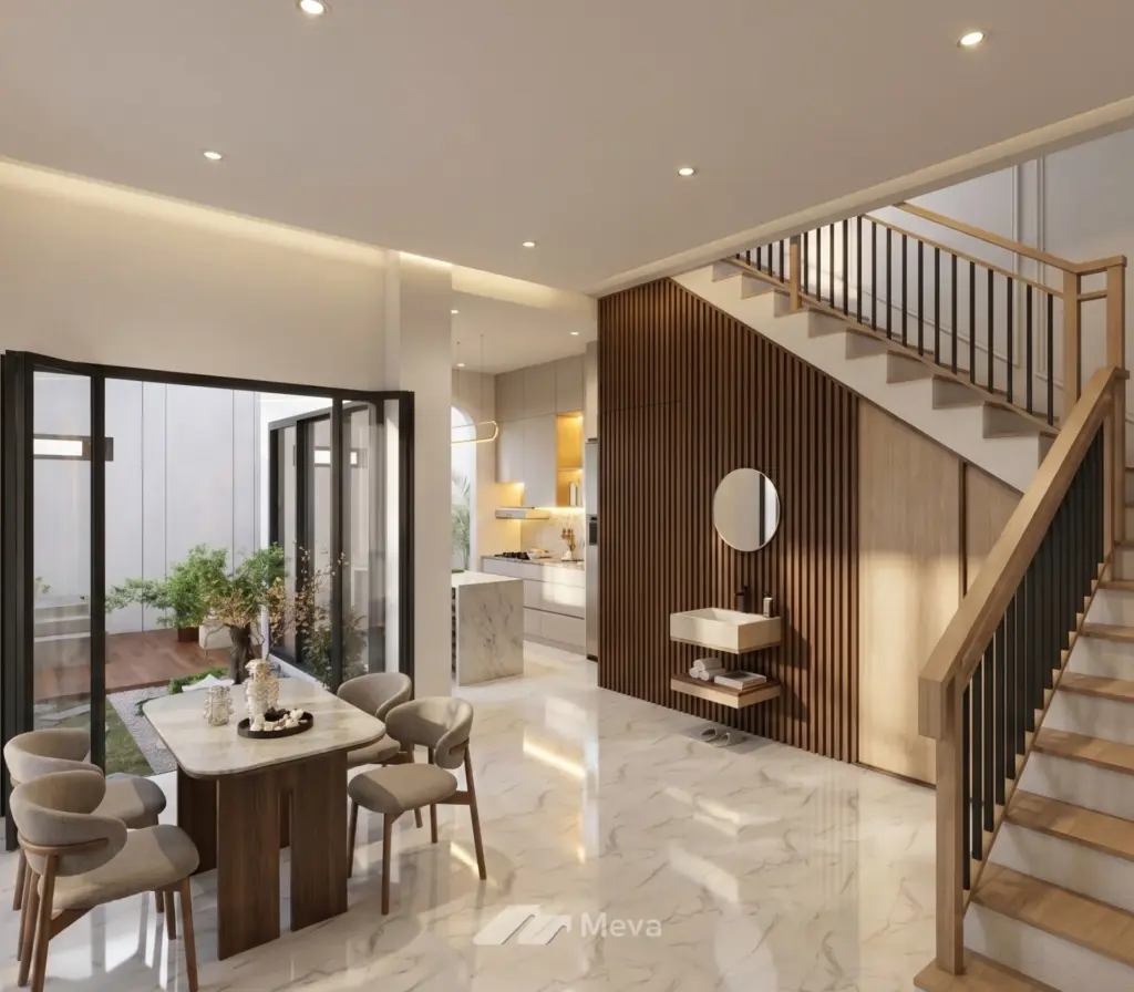 Arsitek rumah dari MEVA - desain rumah tinggal keluarga dengan gambar kerja dan RAB
